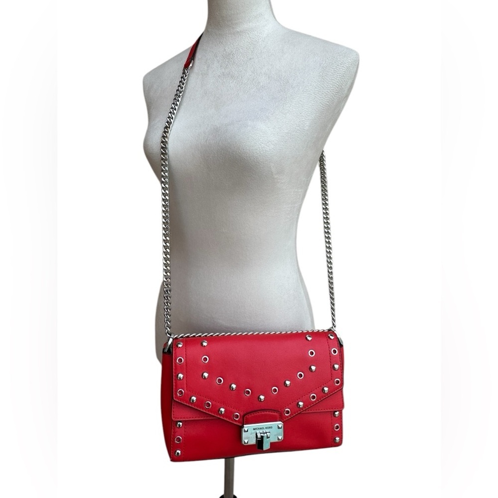 Michael Kors Kinsley Red Leather Studded Crossbody - Picture 5 of 17